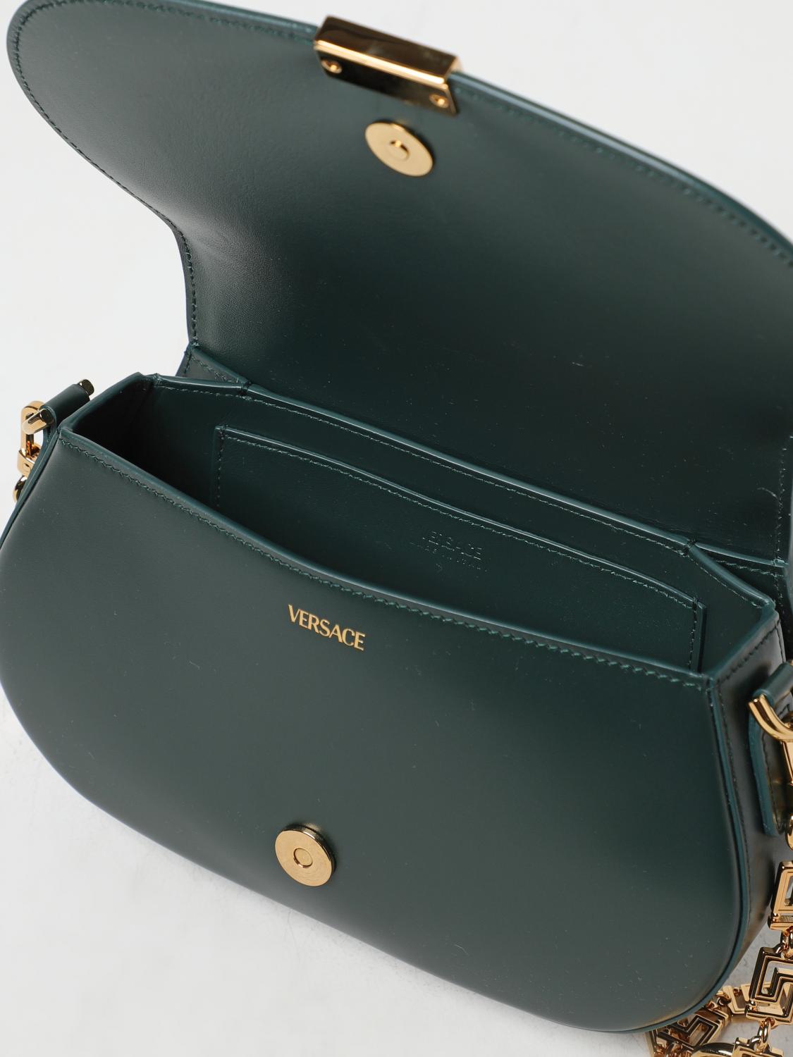 VERSACE BORSA A SPALLA: Borsa Greca Goddess Versace in pelle con applicazione, Verde - Img 5