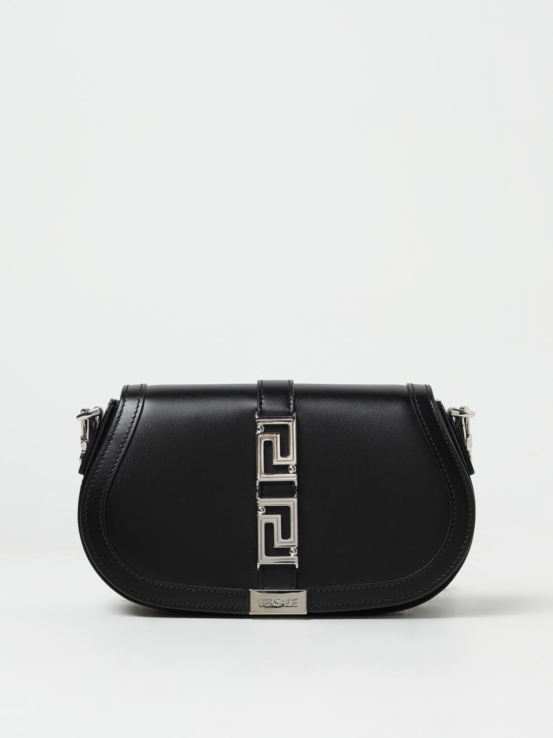 VERSACE BORSA A SPALLA: Borsa Greca Goddess Versace in pelle con applicazione, Nero 1 - Img 1