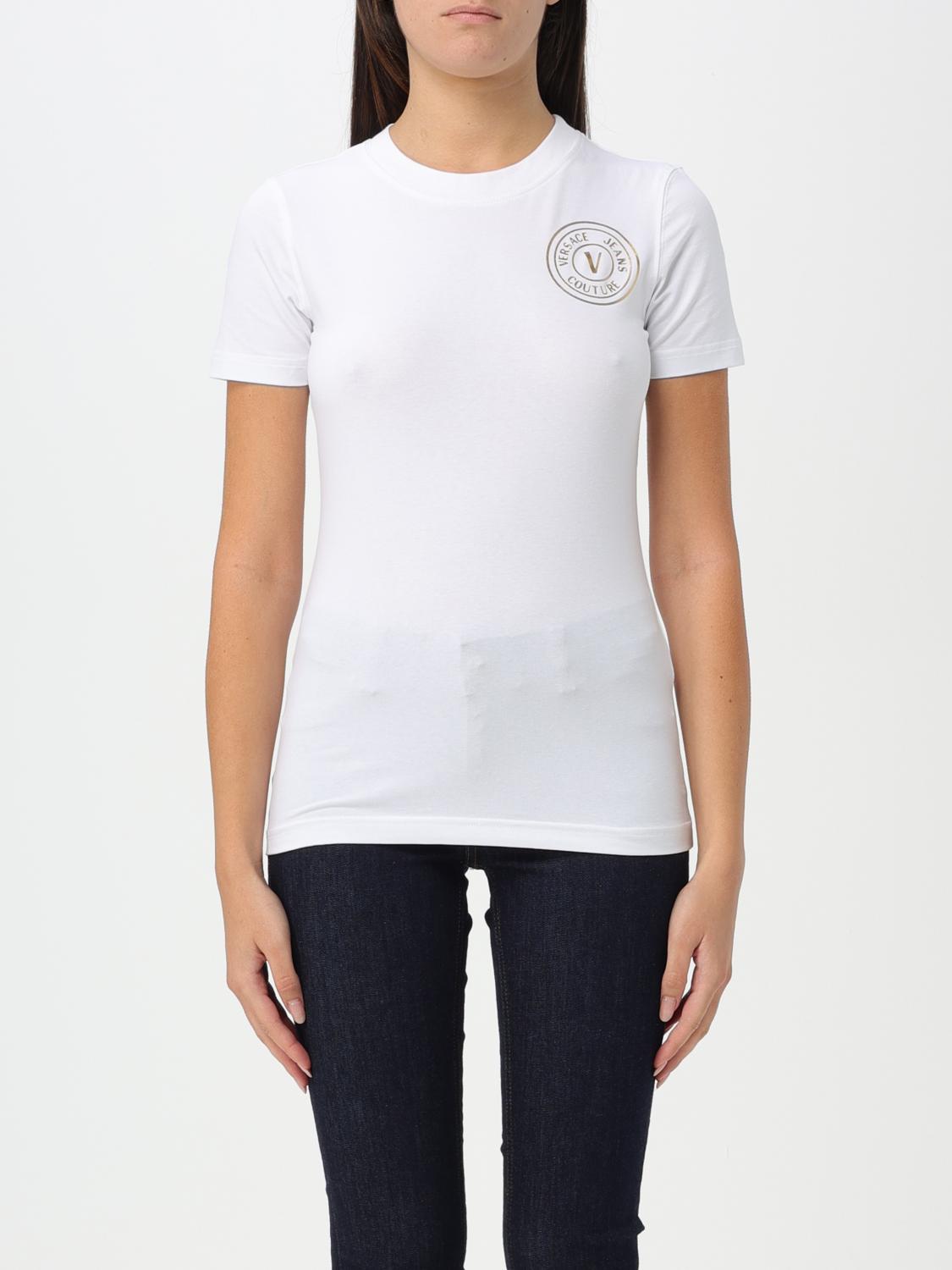 Tシャツ・カットソー VERSACE JEANS Woman T-Shirt Violet 75HAHT06CJ03T G03 Versace Jeans Couture Outlet: cotton t-shirt with logo
