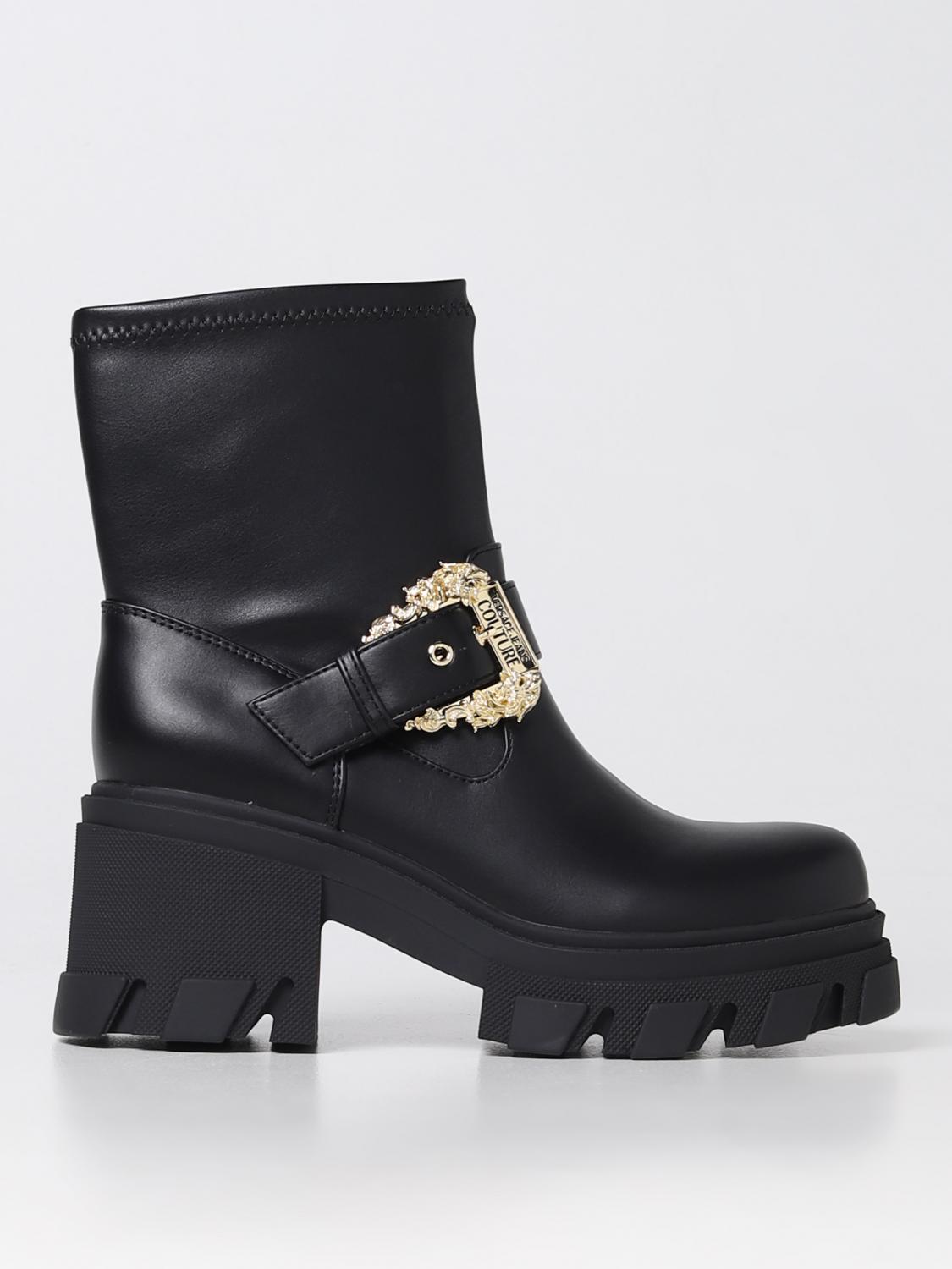 VERSACE JEANS COUTURE FLAT ANKLE BOOTS: Versace Jeans Couture ankle boots in synthetic leather, Black - Img 1