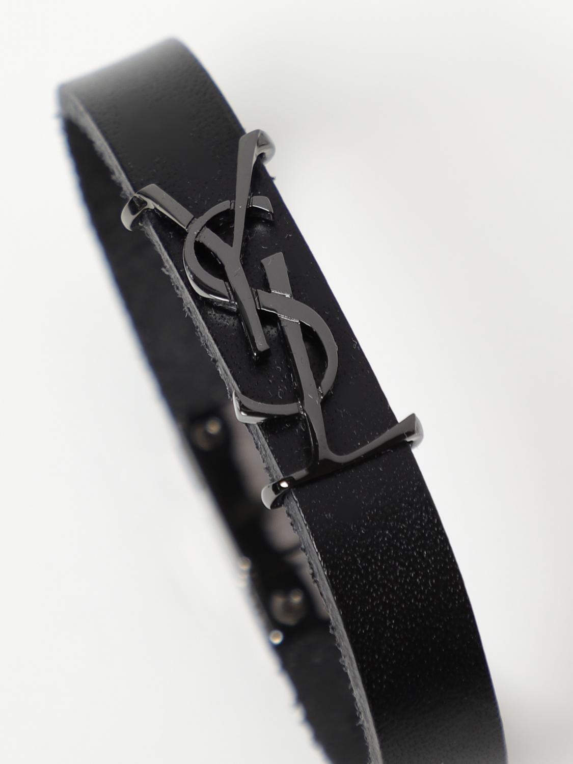 SAINT LAURENT: leather bracelet with monogram - Black | Saint