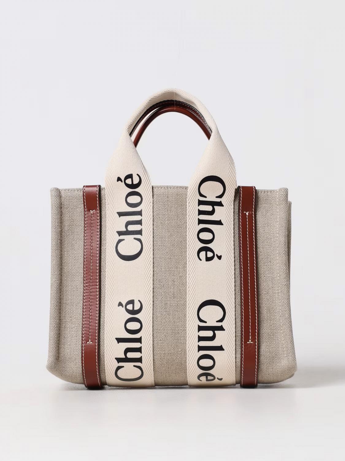 CHLOÉ BORSA A MANO: Borsa Woody Chloé in canvas con logo, Beige - Img 1
