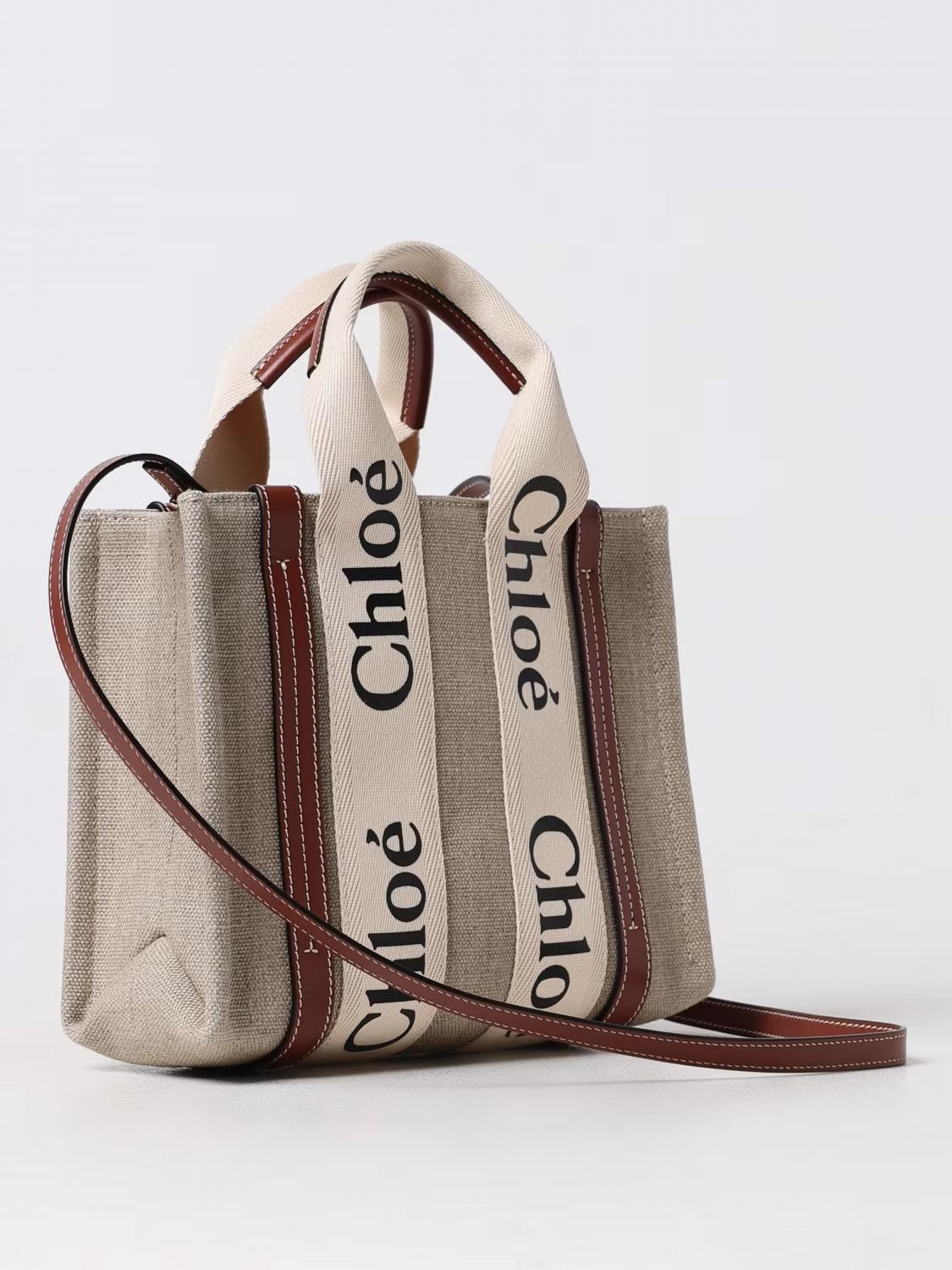 CHLOÉ BORSA A MANO: Borsa Woody Chloé in canvas con logo, Beige - Img 3