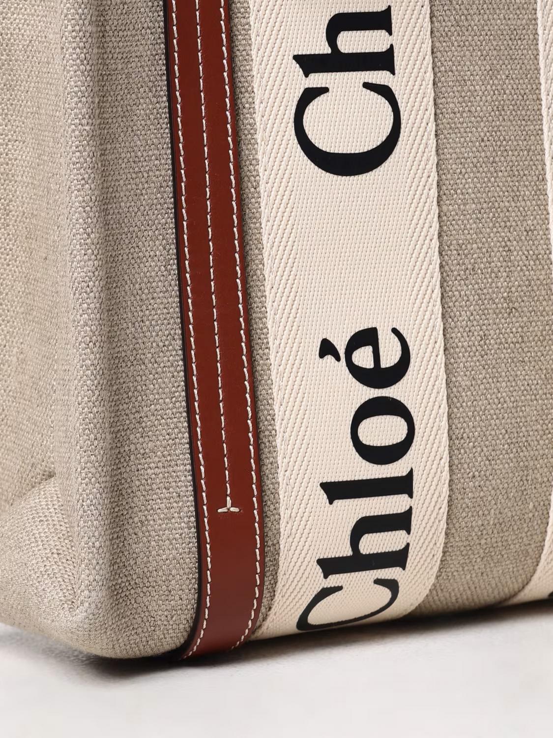 CHLOÉ BORSA A MANO: Borsa Woody Chloé in canvas con logo, Beige - Img 4