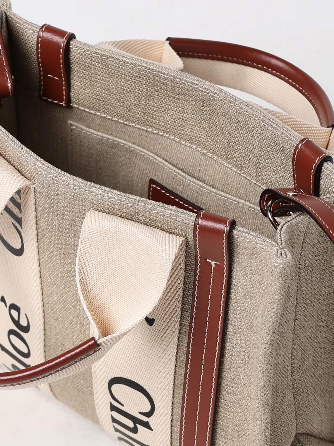 CHLOÉ BORSA A MANO: Borsa Woody Chloé in canvas con logo, Beige - Img 5