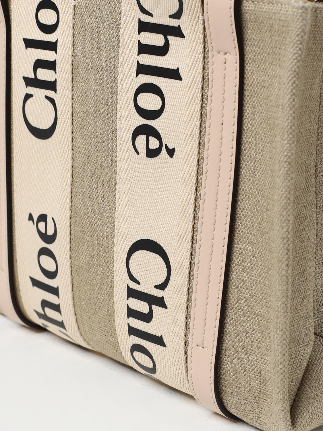 CHLOÉ BORSA A MANO: Borsa Woody Chloé in canvas con logo, Crema - Img 3