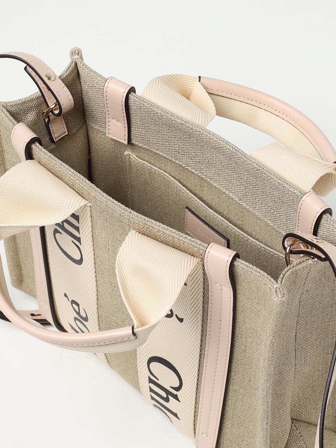 CHLOÉ BORSA A MANO: Borsa Woody Chloé in canvas con logo, Crema - Img 4