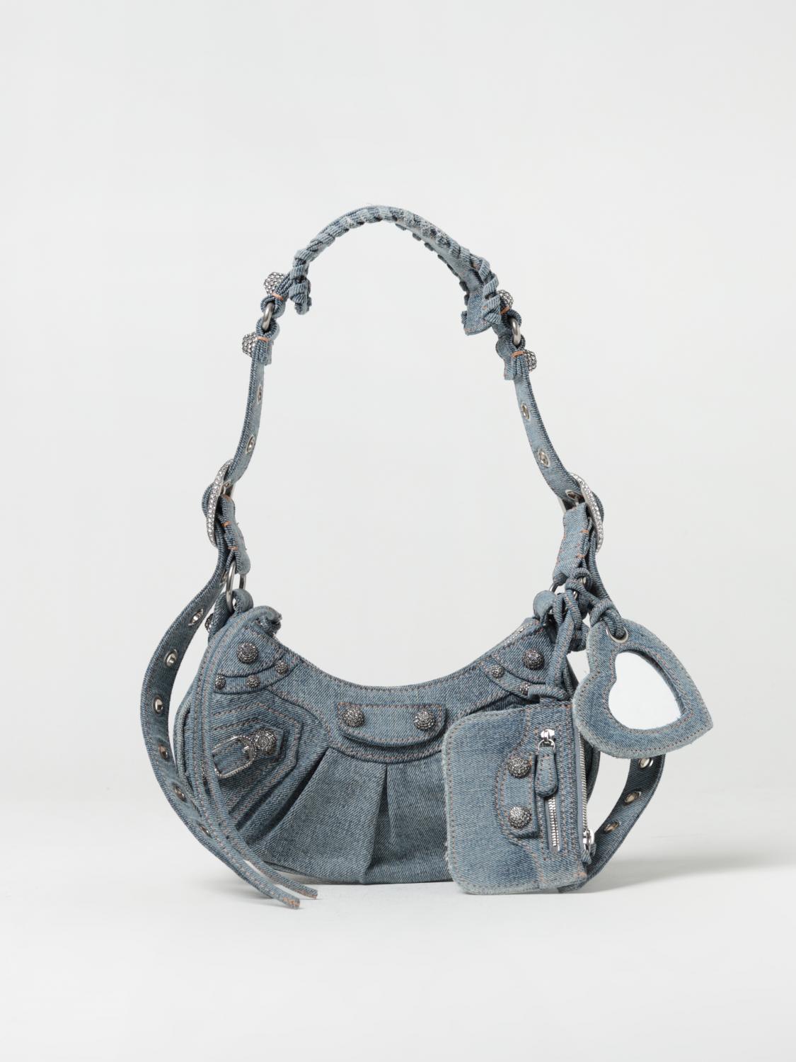 BALENCIAGA MINI BAG: Balenciaga Le Cagole bag in denim with applications, Blue - Img 1