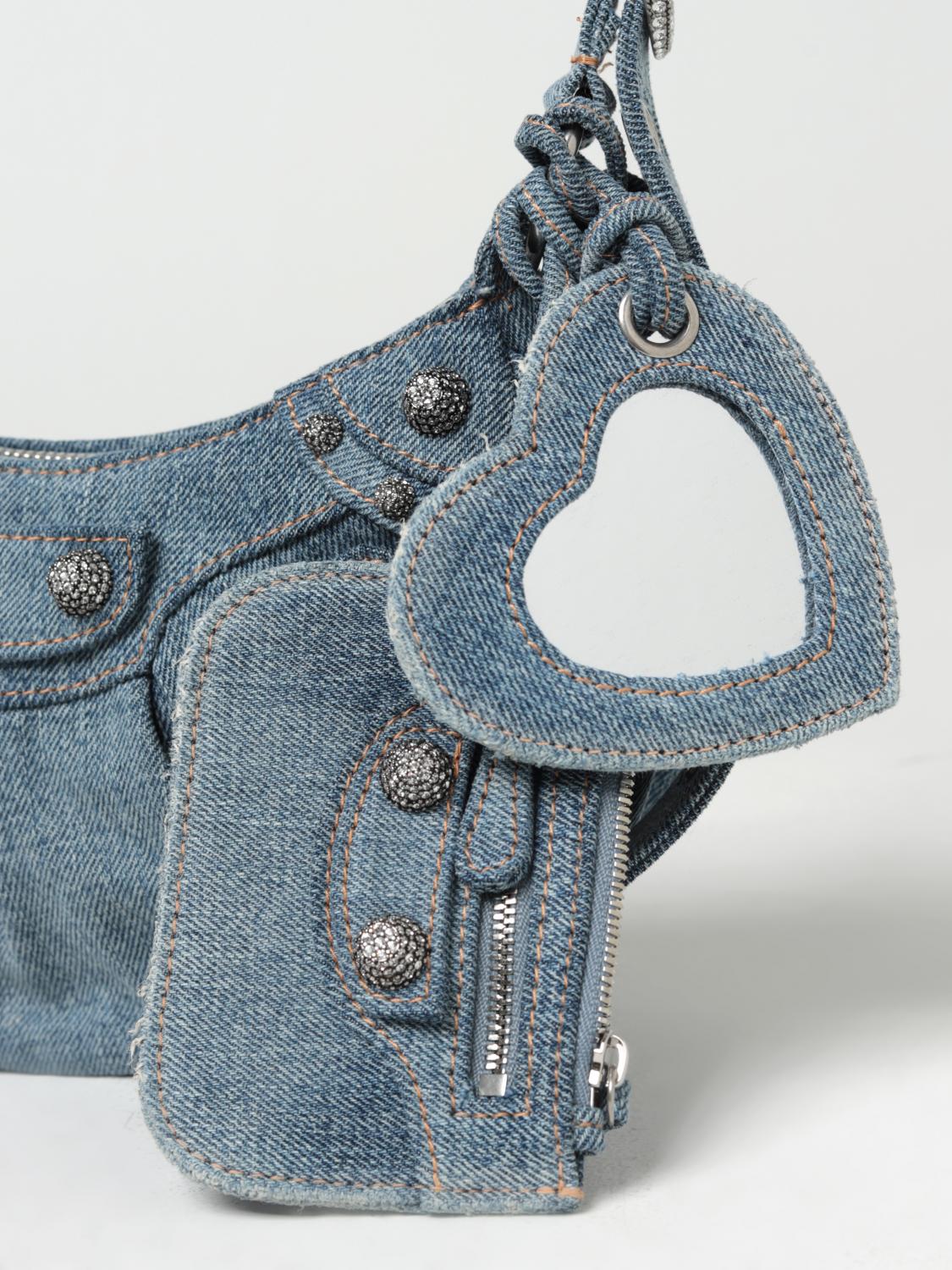 BALENCIAGA MINI BAG: Balenciaga Le Cagole bag in denim with applications, Blue - Img 3
