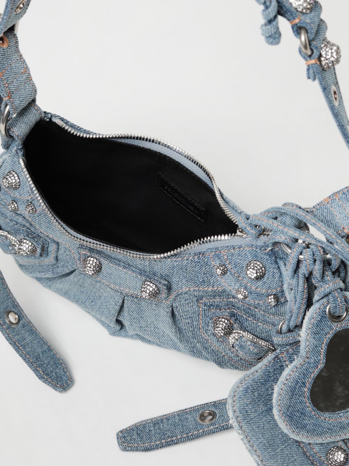 BALENCIAGA MINI BAG: Balenciaga Le Cagole bag in denim with applications, Blue - Img 4