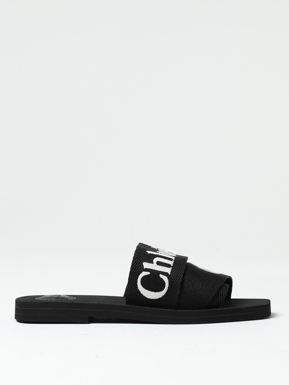 CHLOÉ SANDALI BASSO: Sandalo Woody Chloé in canvas con logo ricamato, Nero - Img 1