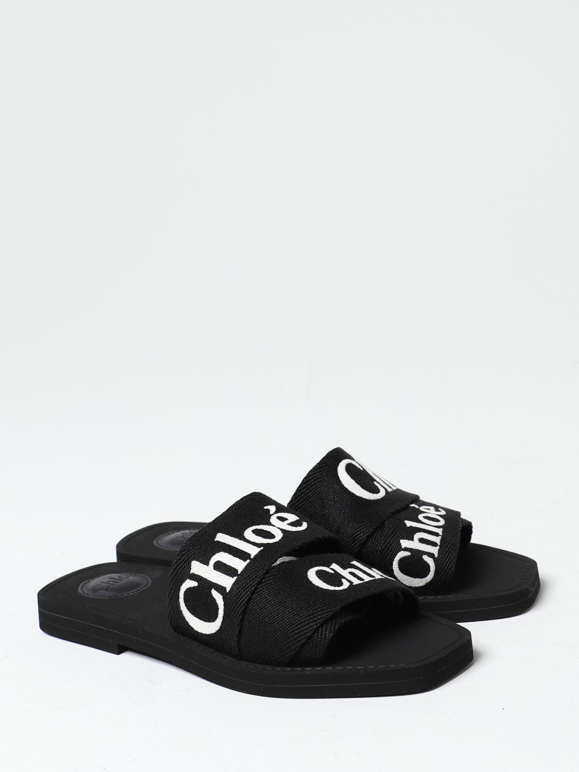 CHLOÉ SANDALI BASSO: Sandalo Woody Chloé in canvas con logo ricamato, Nero - Img 2