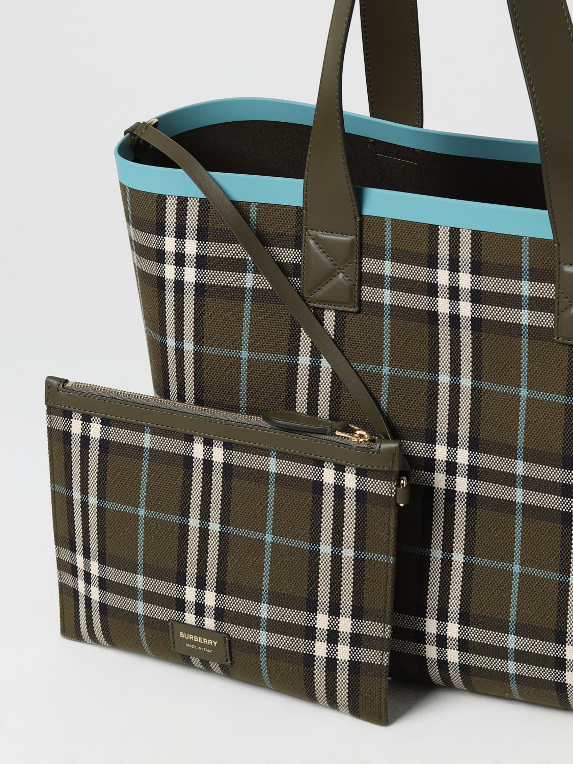 Burberry London bag in canvas with check pattern - Olive | 8078378