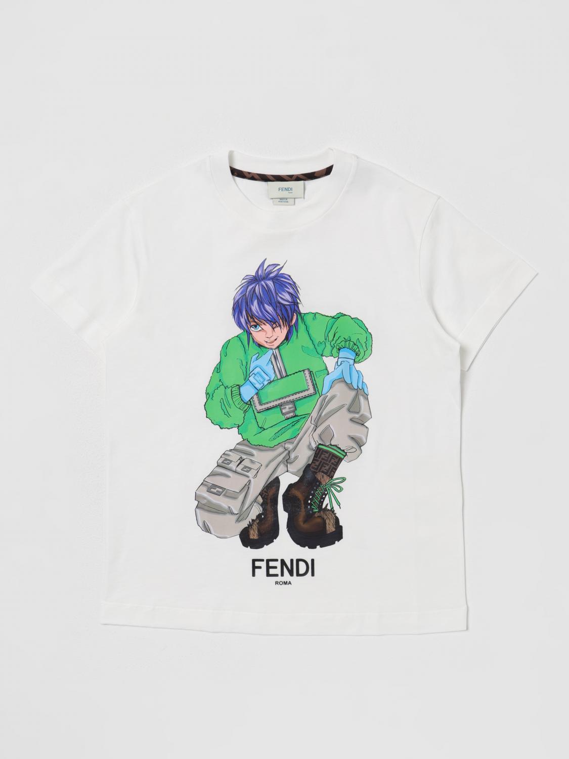 FENDI: Kids cotton t-shirt with graphic print - White | Fendi t