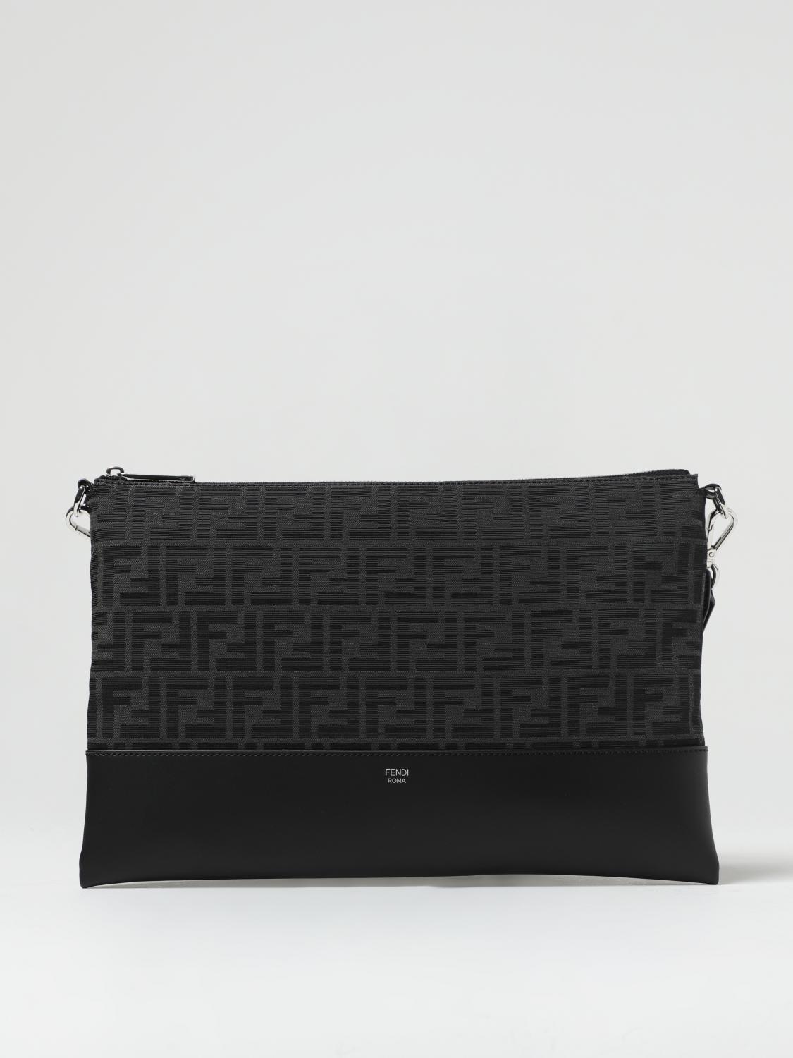 FENDI BRIEFCASE: Fendi leather and fabric pouch with jacquard FF monogram, Black - Img 1