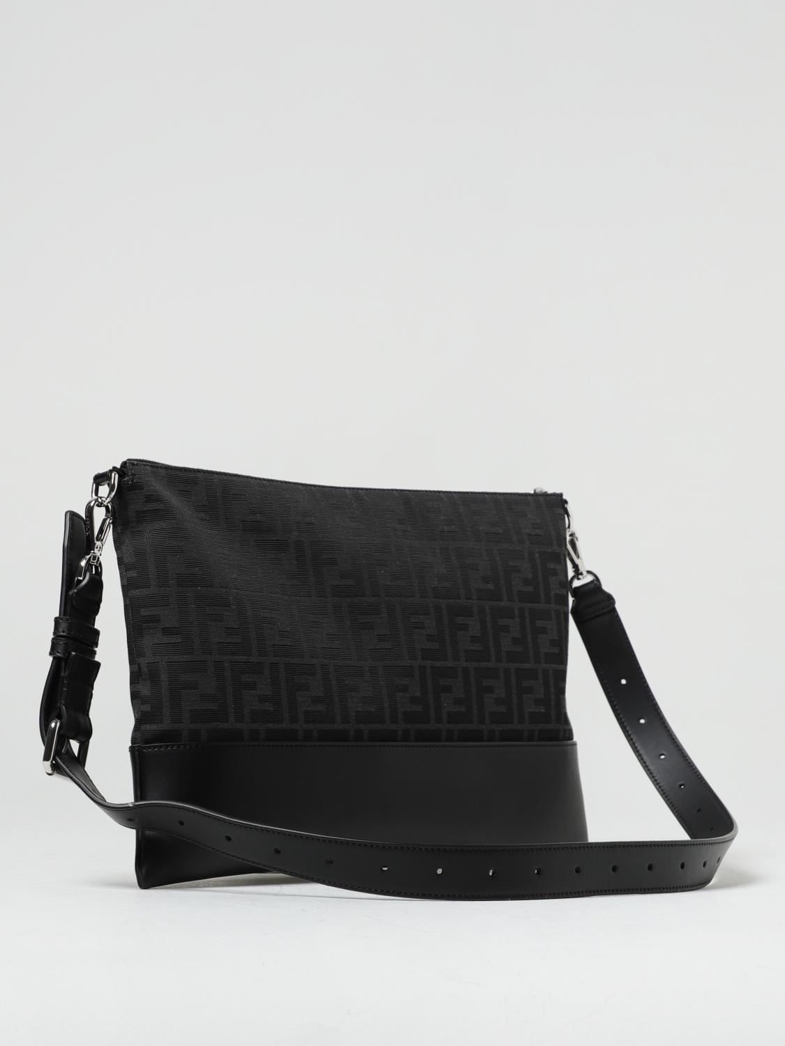 FENDI BRIEFCASE: Fendi leather and fabric pouch with jacquard FF monogram, Black - Img 2