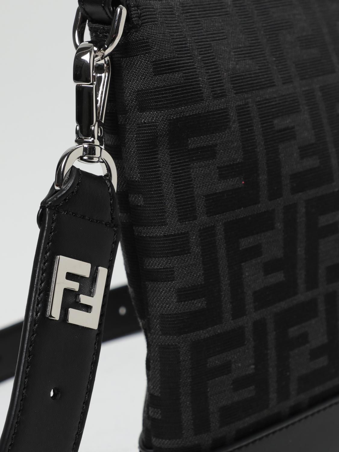 FENDI BRIEFCASE: Fendi leather and fabric pouch with jacquard FF monogram, Black - Img 3