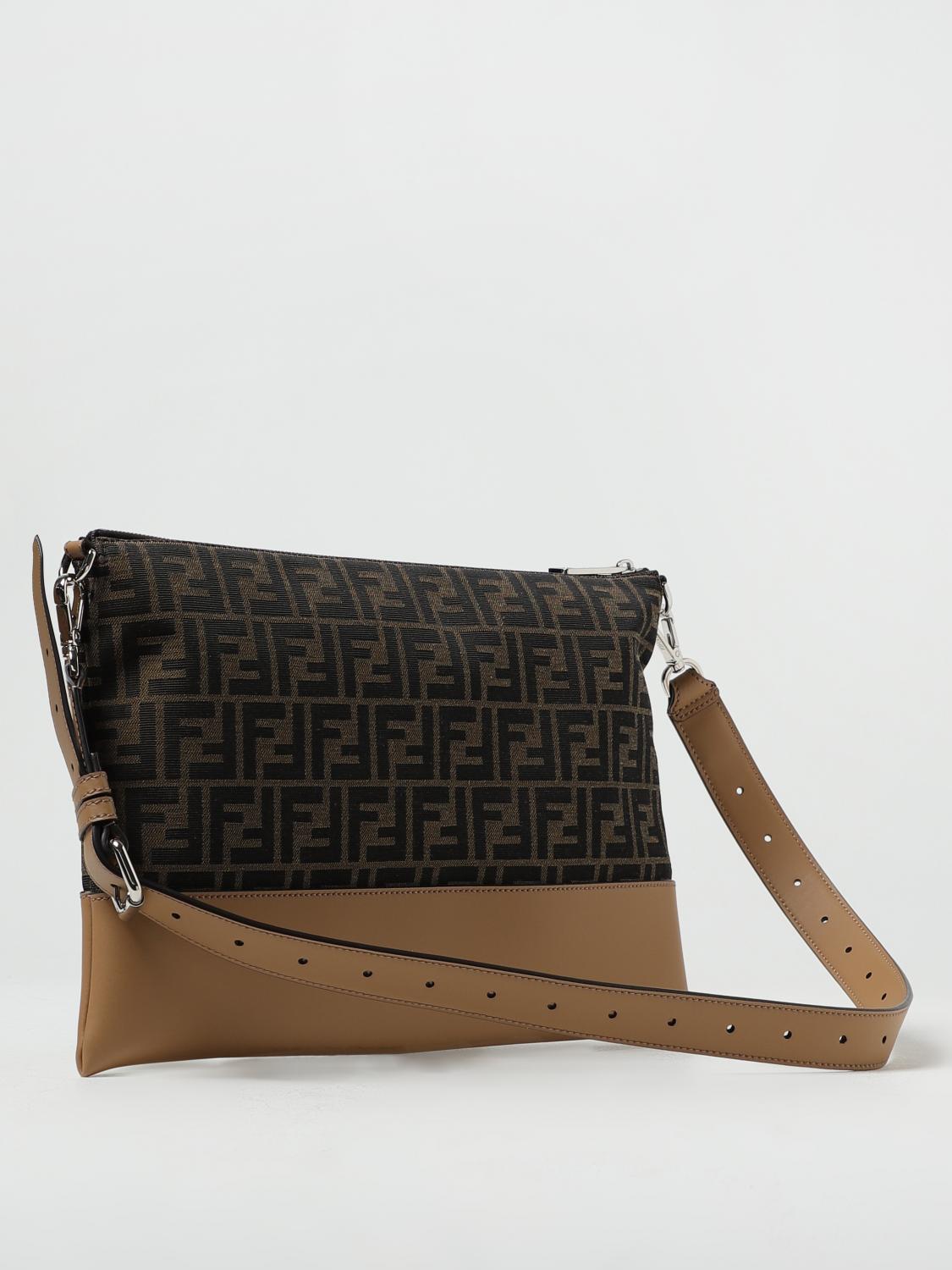 FENDI BRIEFCASE: Fendi leather and fabric pouch with jacquard FF monogram, Brown - Img 2