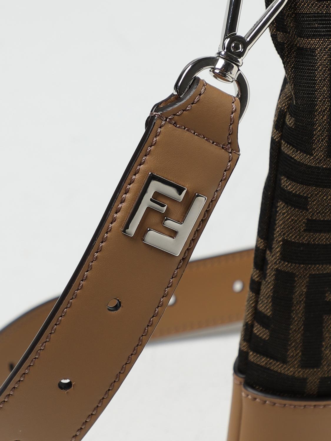 FENDI BRIEFCASE: Fendi leather and fabric pouch with jacquard FF monogram, Brown - Img 3