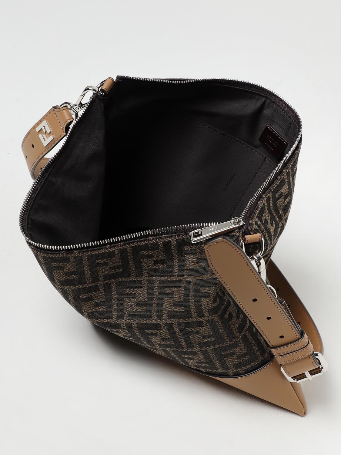 FENDI BRIEFCASE: Fendi leather and fabric pouch with jacquard FF monogram, Brown - Img 4