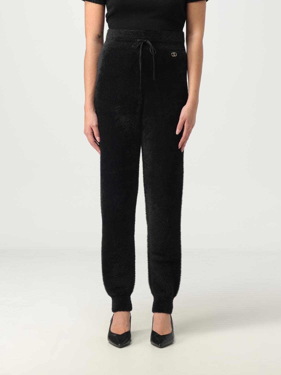 TWINSET PANTALONI: Pantalone Twinset in pelliccia sintetica con logo, Nero - Img 1