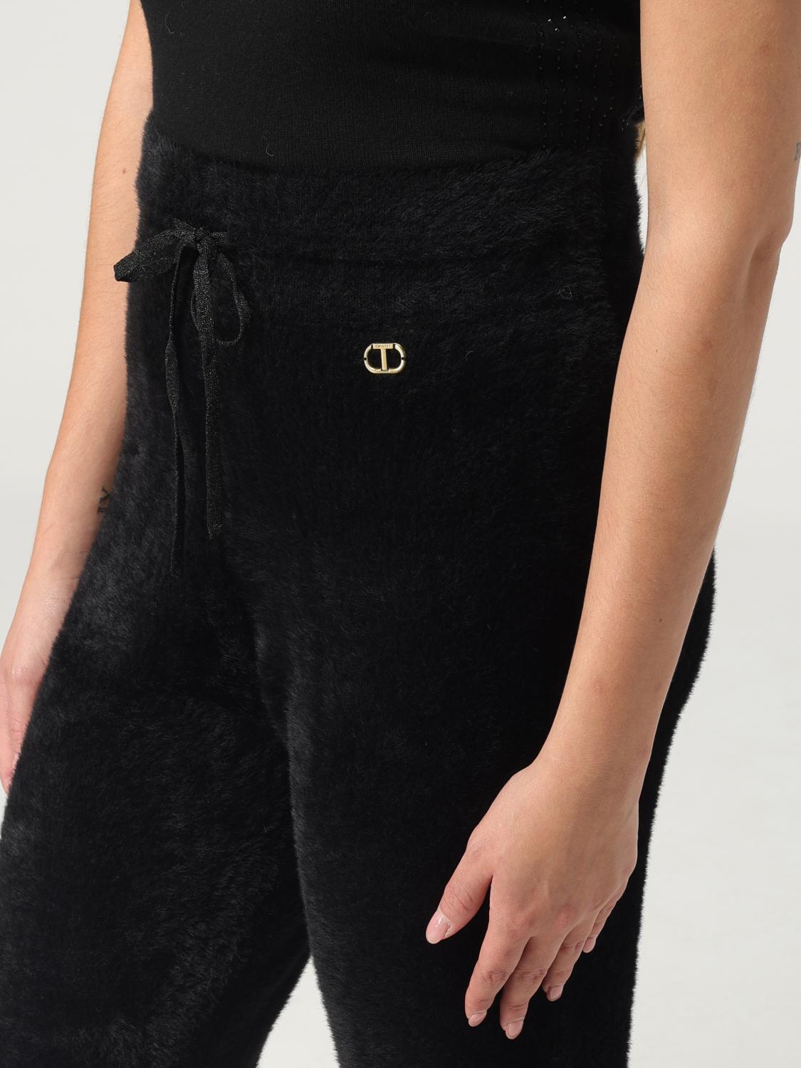 TWINSET PANTALONI: Pantalone Twinset in pelliccia sintetica con logo, Nero - Img 3