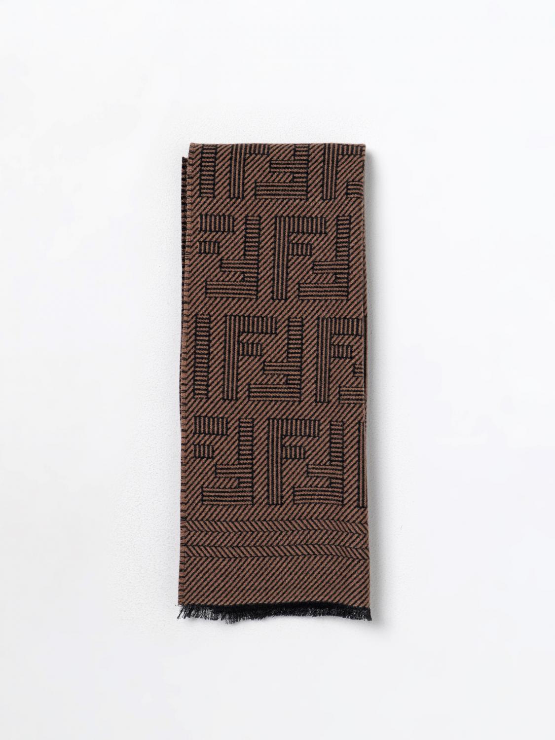 FENDI SCARF: Fendi scarf in wool and silk with FF jacquard monogram, Brown - Img 1