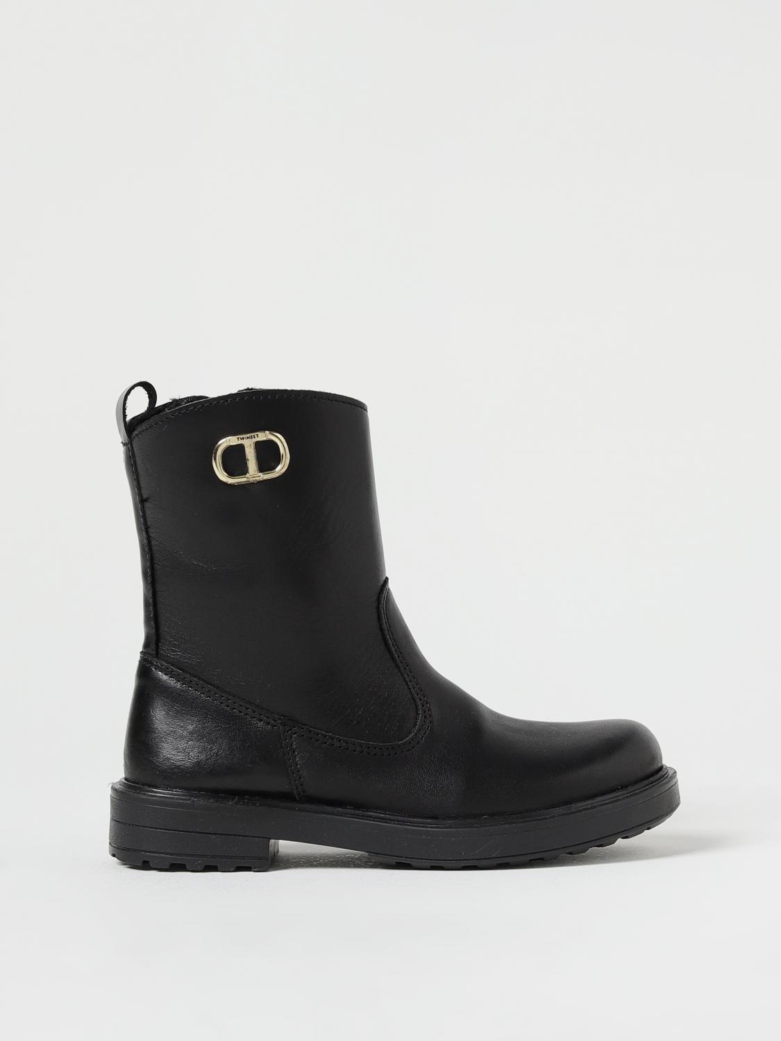 TWINSET SHOES: Twinset leather ankle boots with Oval T applied, Black - Img 1