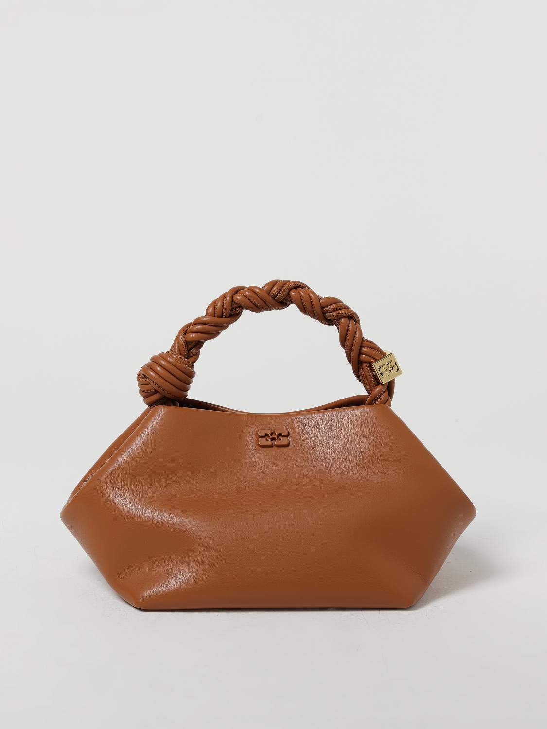 GANNI BORSA A MANO: Borsa Bou Bag Ganni in misto pelle riciclata, Caffe - Img 1