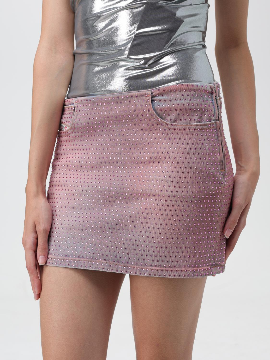 DIESEL GONNA: Gonna Diesel in denim di misto cotone stretch con strass, Rosso - Img 4