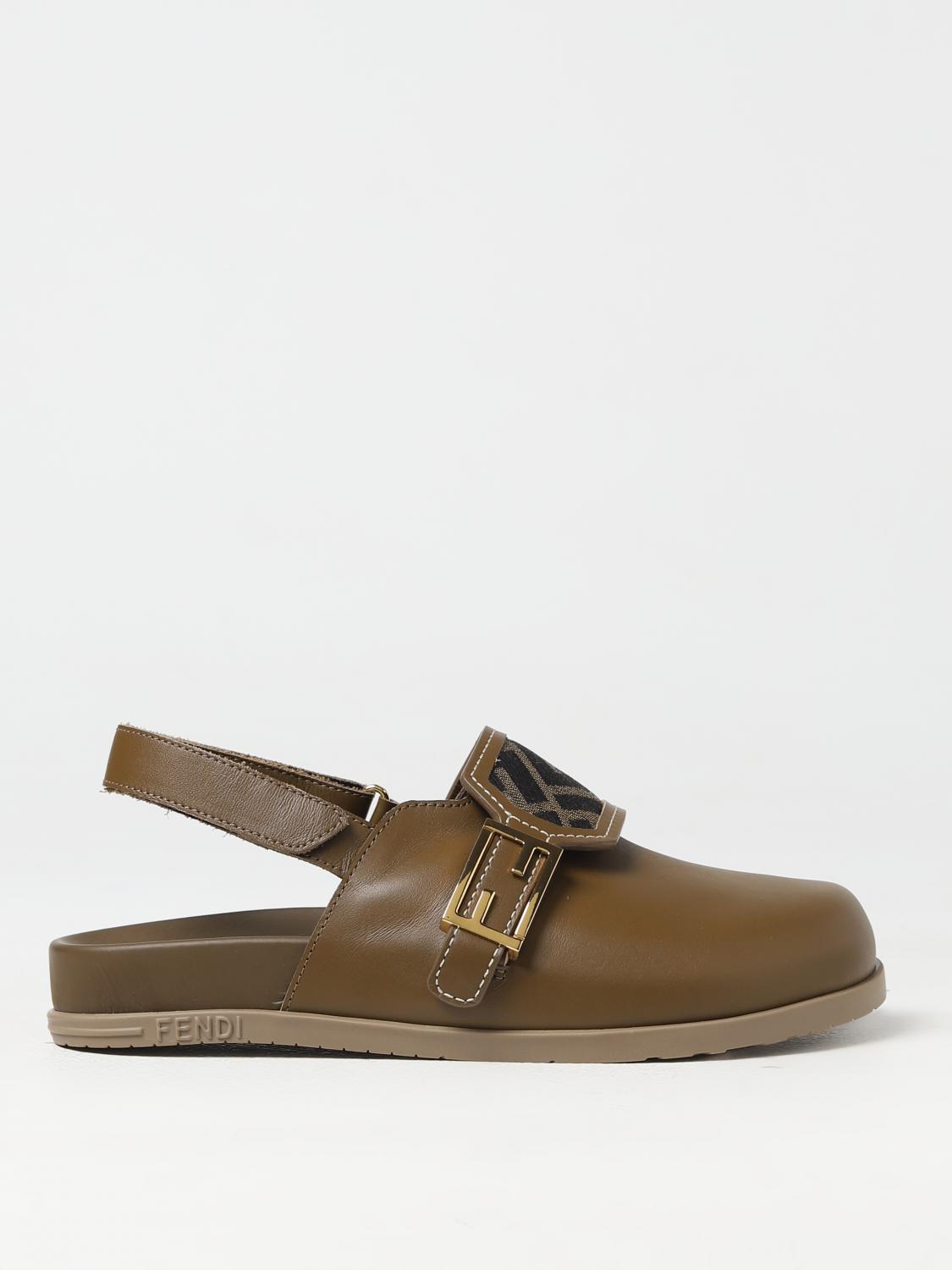 FENDI: Sabot Clog Kids in pelle e tessuto con motivo FF Tabacco