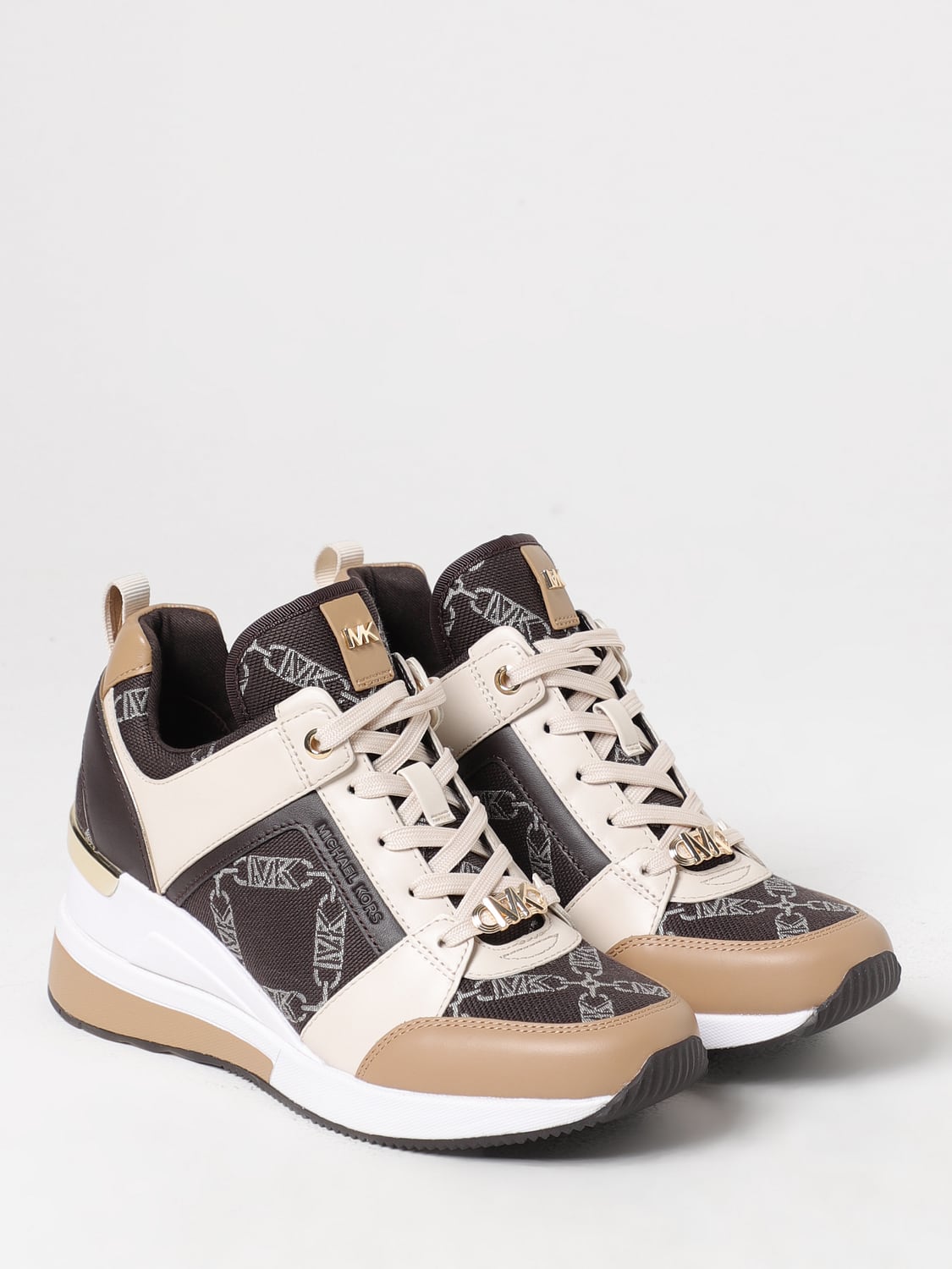 MICHAEL KORS SCARPE CON ZEPPA: Sneakers Georgie Michael Kors in pelle e tessuto con monogram jacquard, Marrone - Img 2