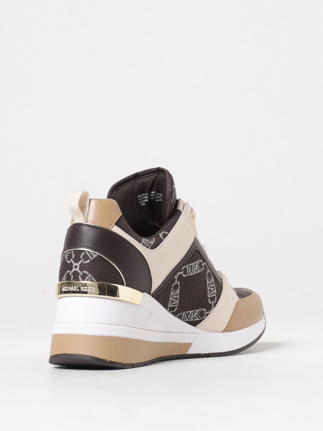 MICHAEL KORS SCARPE CON ZEPPA: Sneakers Georgie Michael Kors in pelle e tessuto con monogram jacquard, Marrone - Img 3