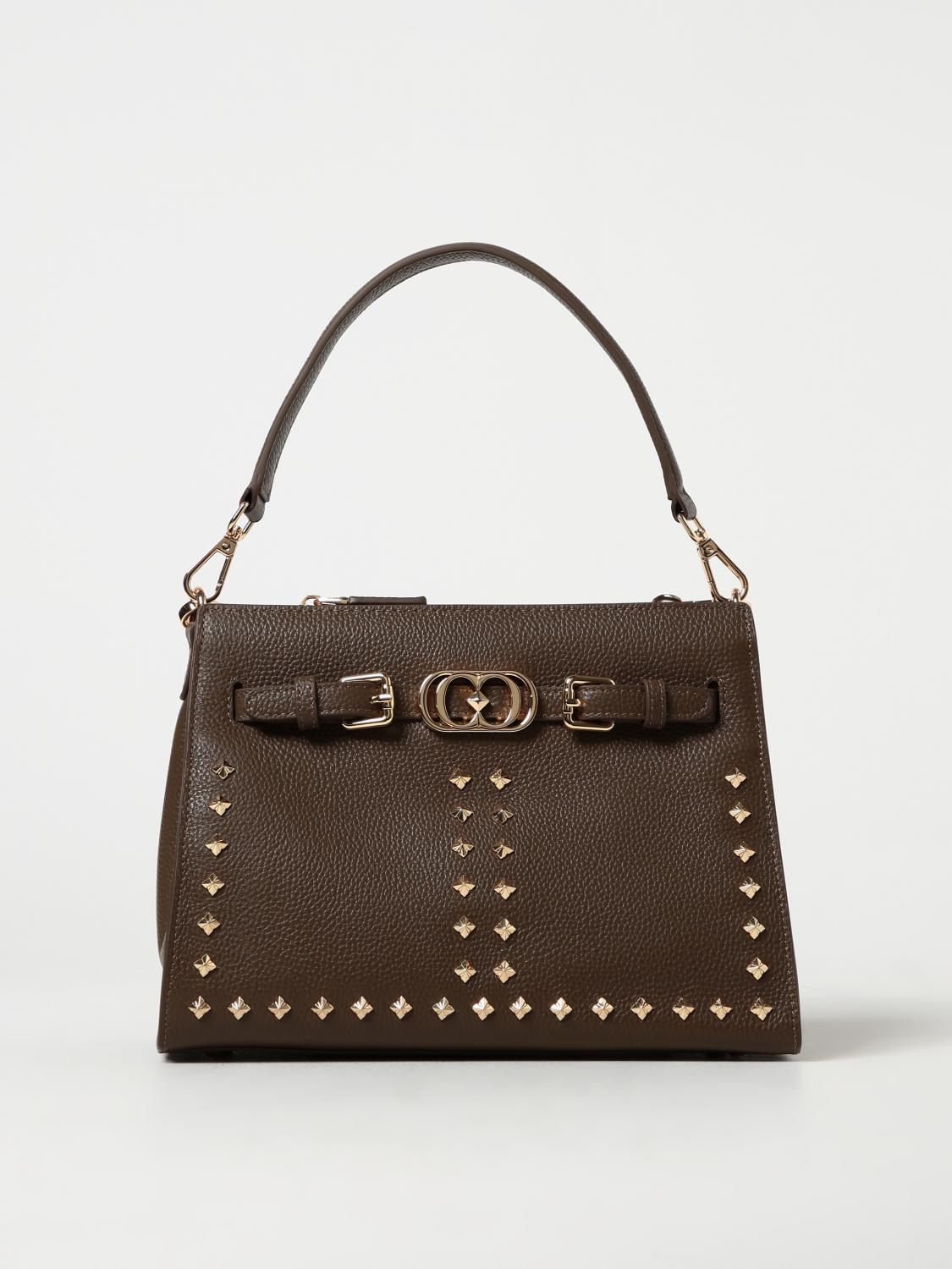 LA CARRIE BORSA A SPALLA: Borsa Frivolous La Carrie in pelle a grana con borchie, Fango - Img 1