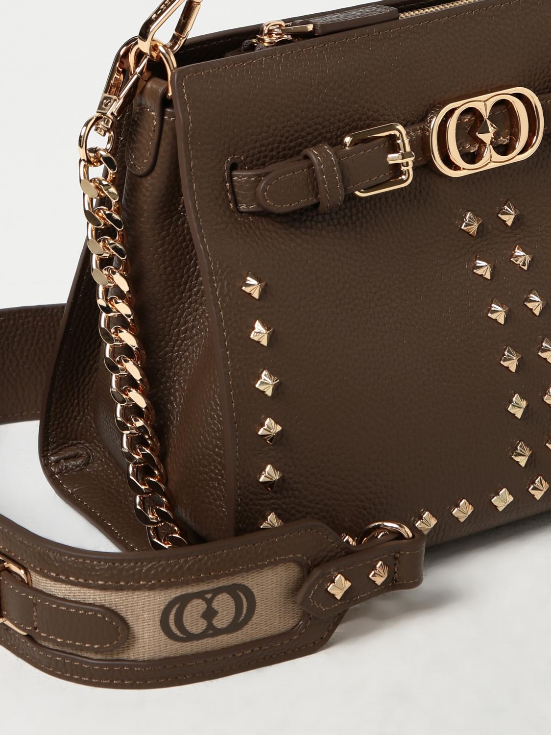 LA CARRIE BORSA A SPALLA: Borsa Frivolous La Carrie in pelle a grana con borchie, Fango - Img 3