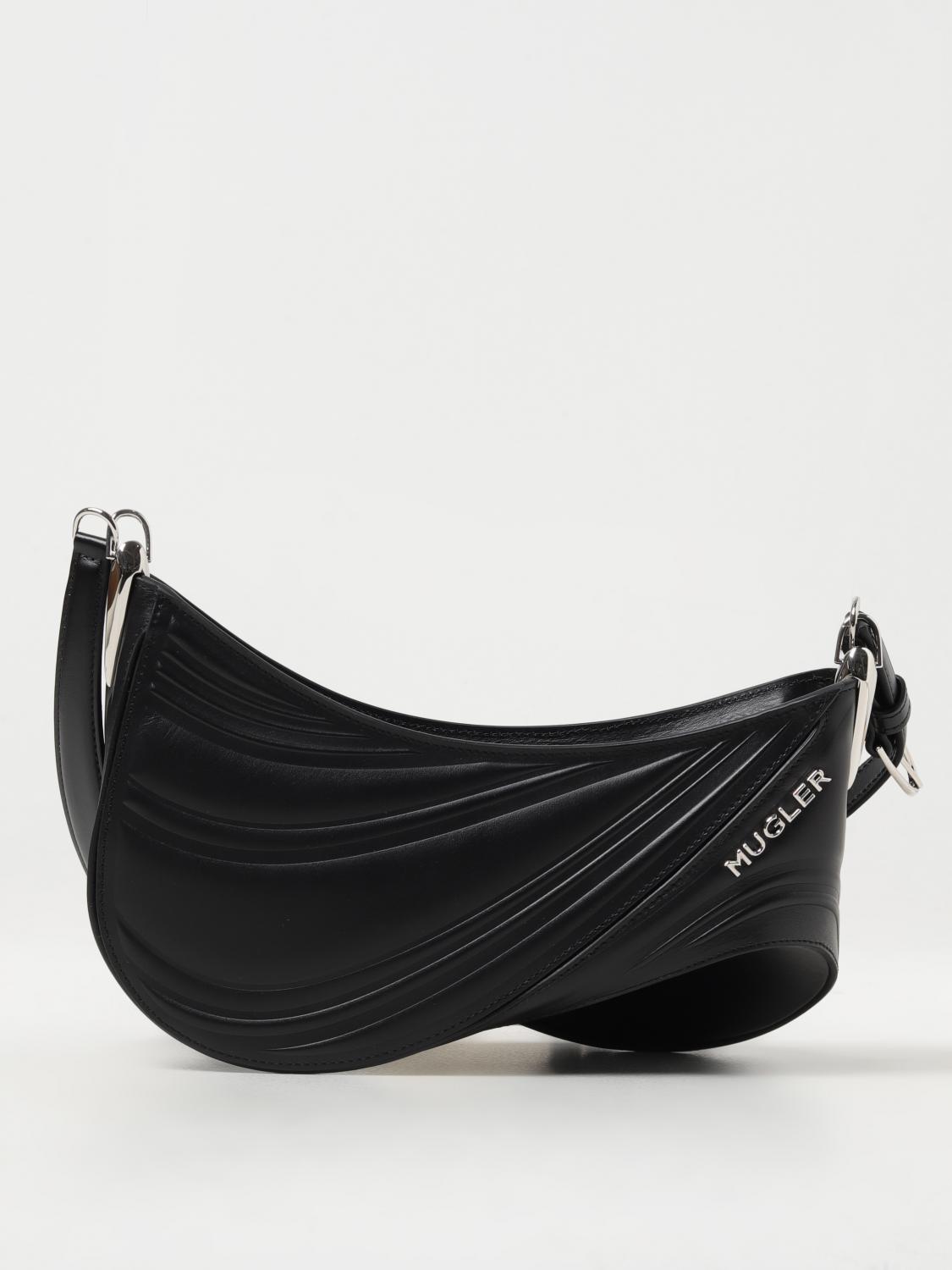 MUGLER BORSA A SPALLA: Borsa Spinal Curve Mugler in pelle con tracolla, Nero - Img 1