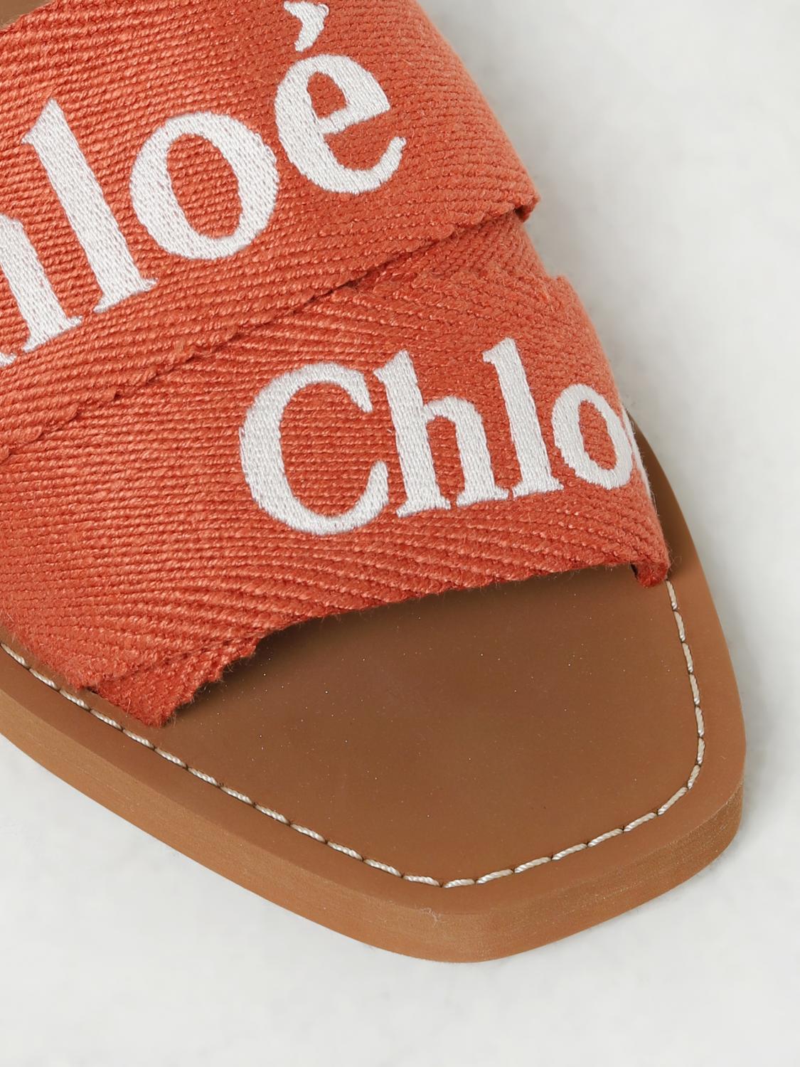 CHLOÉ SANDALIAS DE TACÓN: Sliders Woody Chloé de lona con logo bordado, Naranja - Img 4