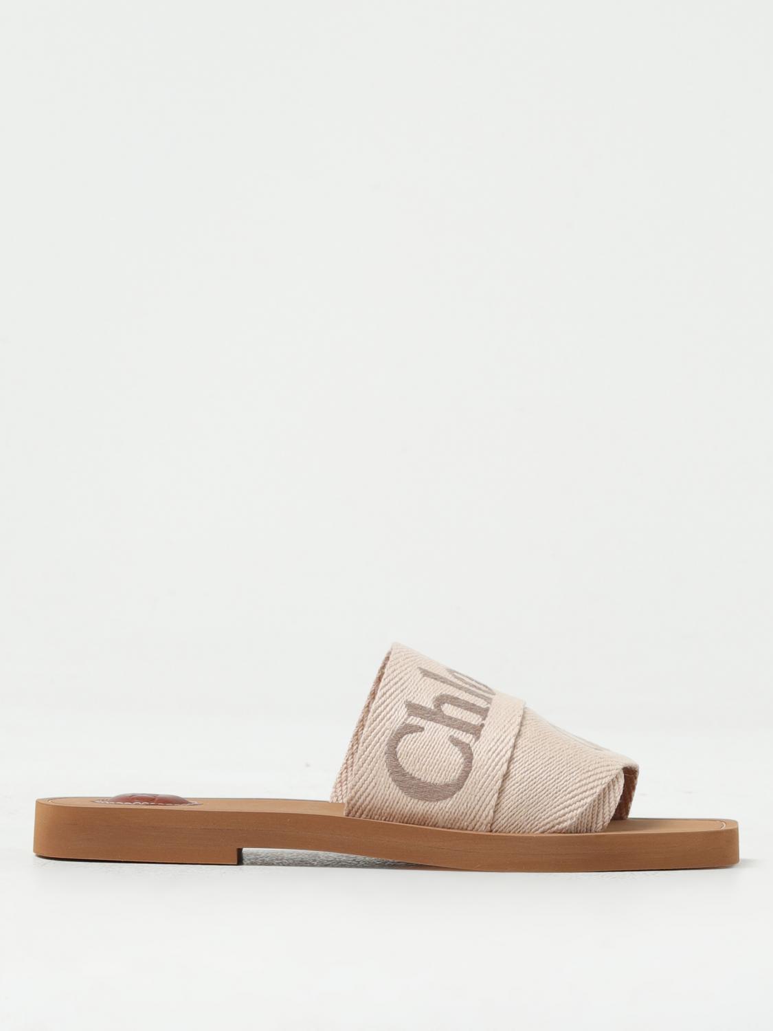 CHLOÉ FLAT SANDALS: Chloé Woody canvas slides with embroidered logo, Beige - Img 1