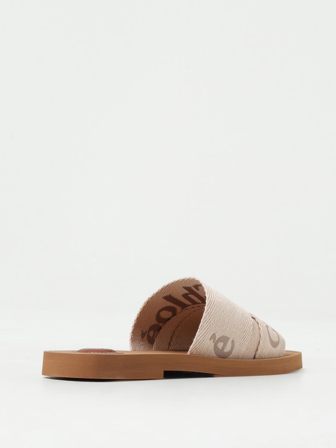 CHLOÉ FLAT SANDALS: Chloé Woody canvas slides with embroidered logo, Beige - Img 3