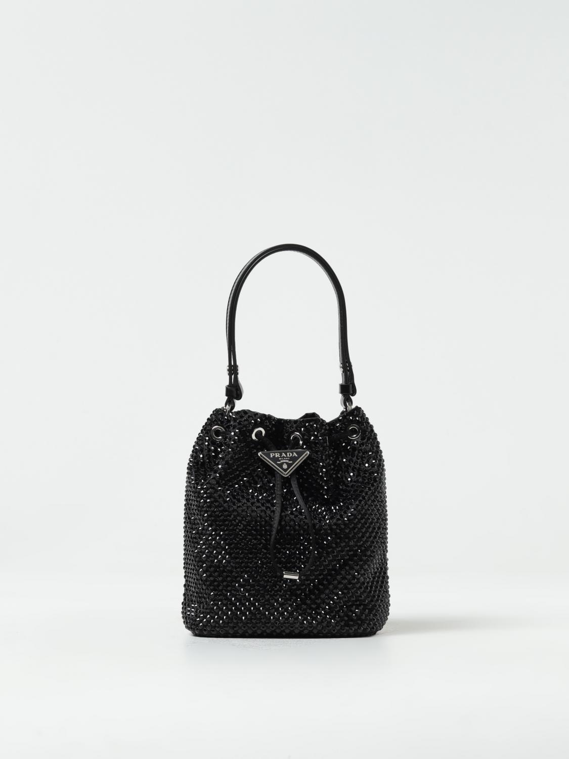 PRADA: bucket satin and brushed leather bag with all-over rhinestone ...