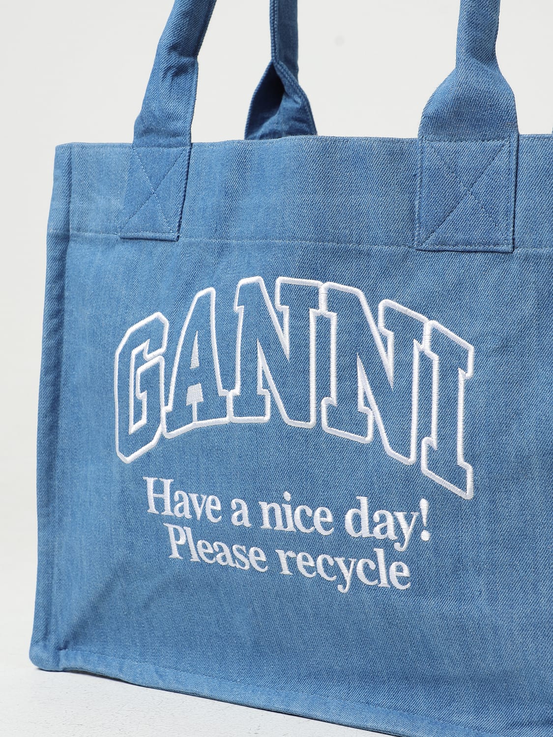 GANNI BORSA A SPALLA: Borsa Ganni in cotone con logo, Denim - Img 3