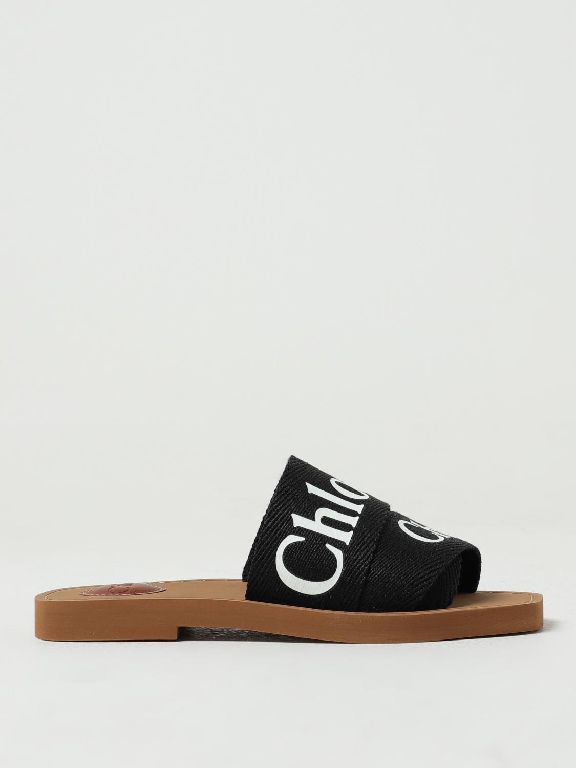 CHLOÉ SANDALI BASSO: Sliders Woody Chloé in lino con logo, Nero - Img 1