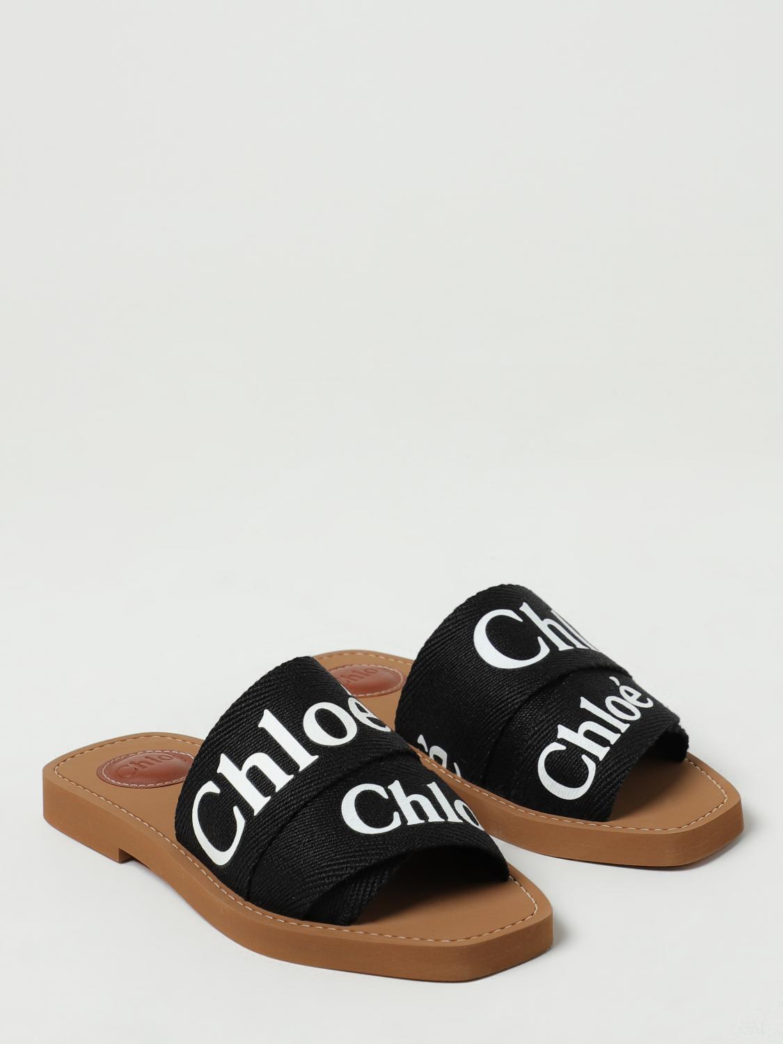 CHLOÉ SANDALI BASSO: Sliders Woody Chloé in lino con logo, Nero - Img 2