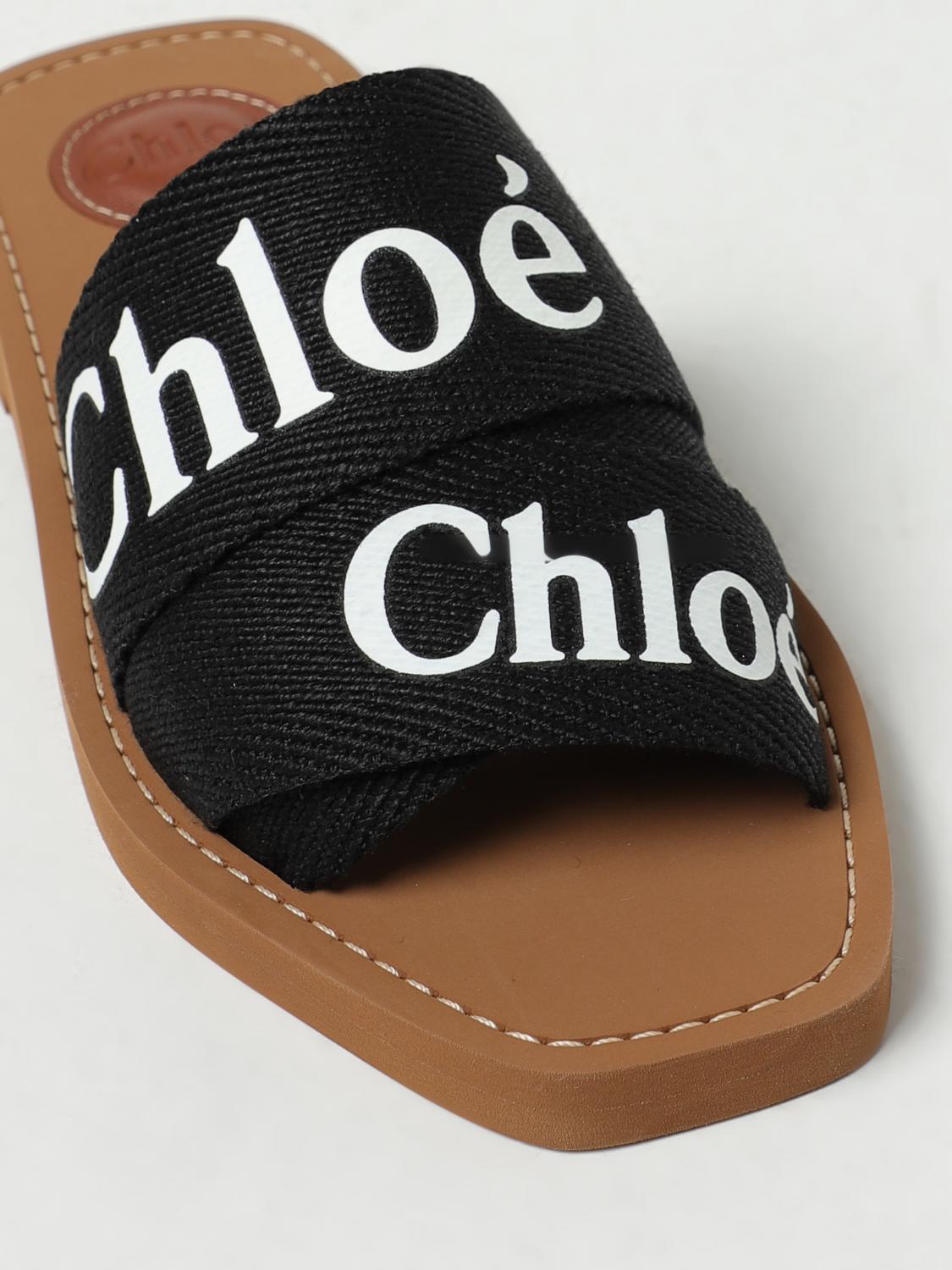 CHLOÉ SANDALI BASSO: Sliders Woody Chloé in lino con logo, Nero - Img 4