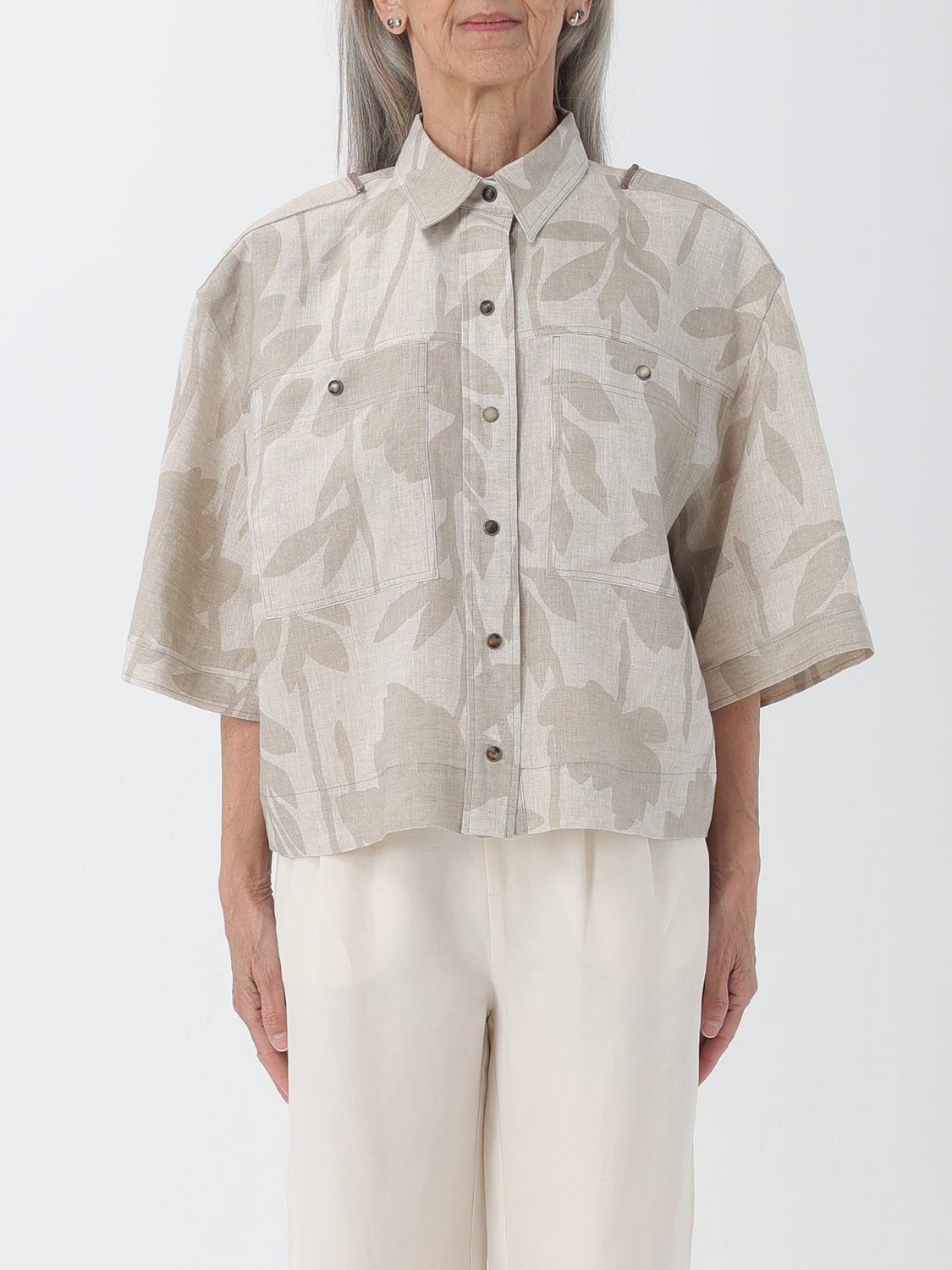 BRUNELLO CUCINELLI CAMICIA: Camicia Brunello Cucinelli in lino stampato, Naturale - Img 1