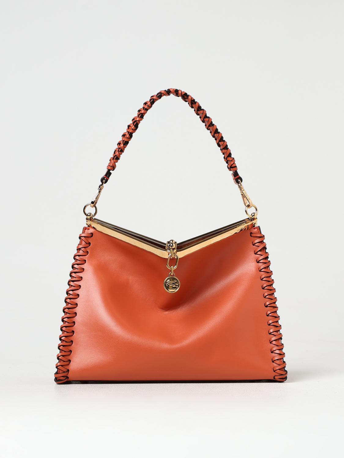 ETRO BORSA A SPALLA: Borsa Vela Etro in pelle con profili intrecciati , Arancione - Img 1