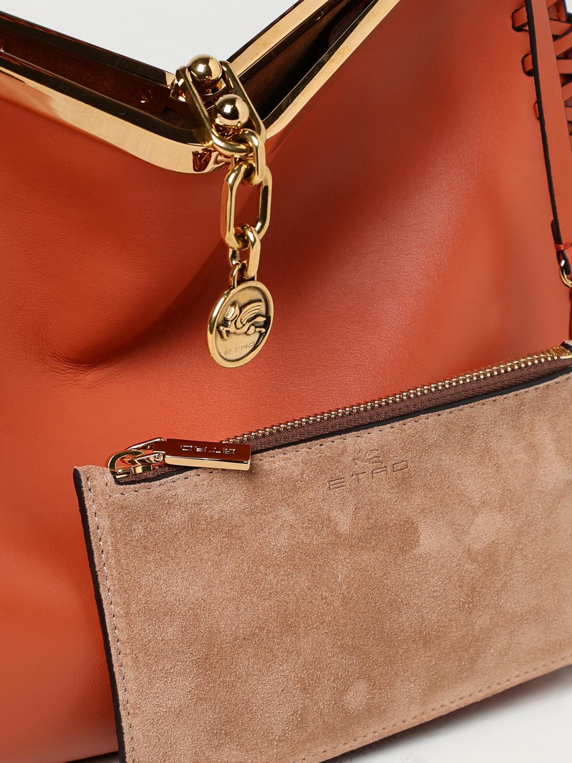 ETRO BORSA A SPALLA: Borsa Vela Etro in pelle con profili intrecciati , Arancione - Img 4