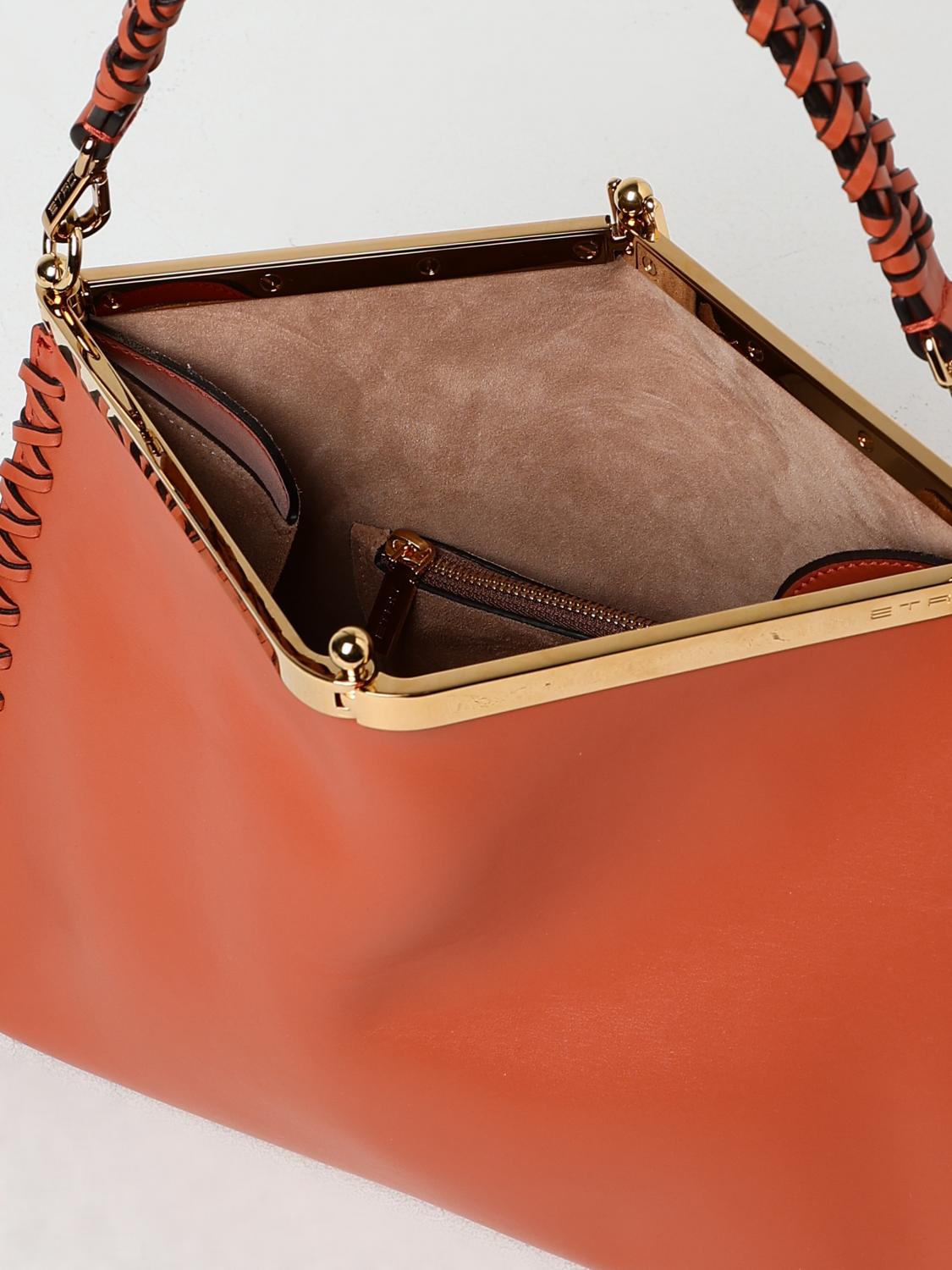 ETRO BORSA A SPALLA: Borsa Vela Etro in pelle con profili intrecciati , Arancione - Img 5