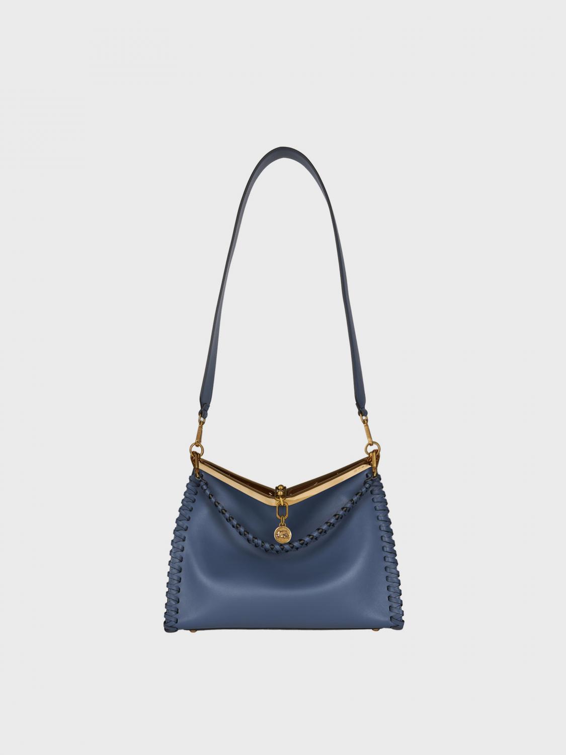 ETRO BORSA A SPALLA: Borsa Vela Etro in pelle con profili intrecciati , Blue - Img 1