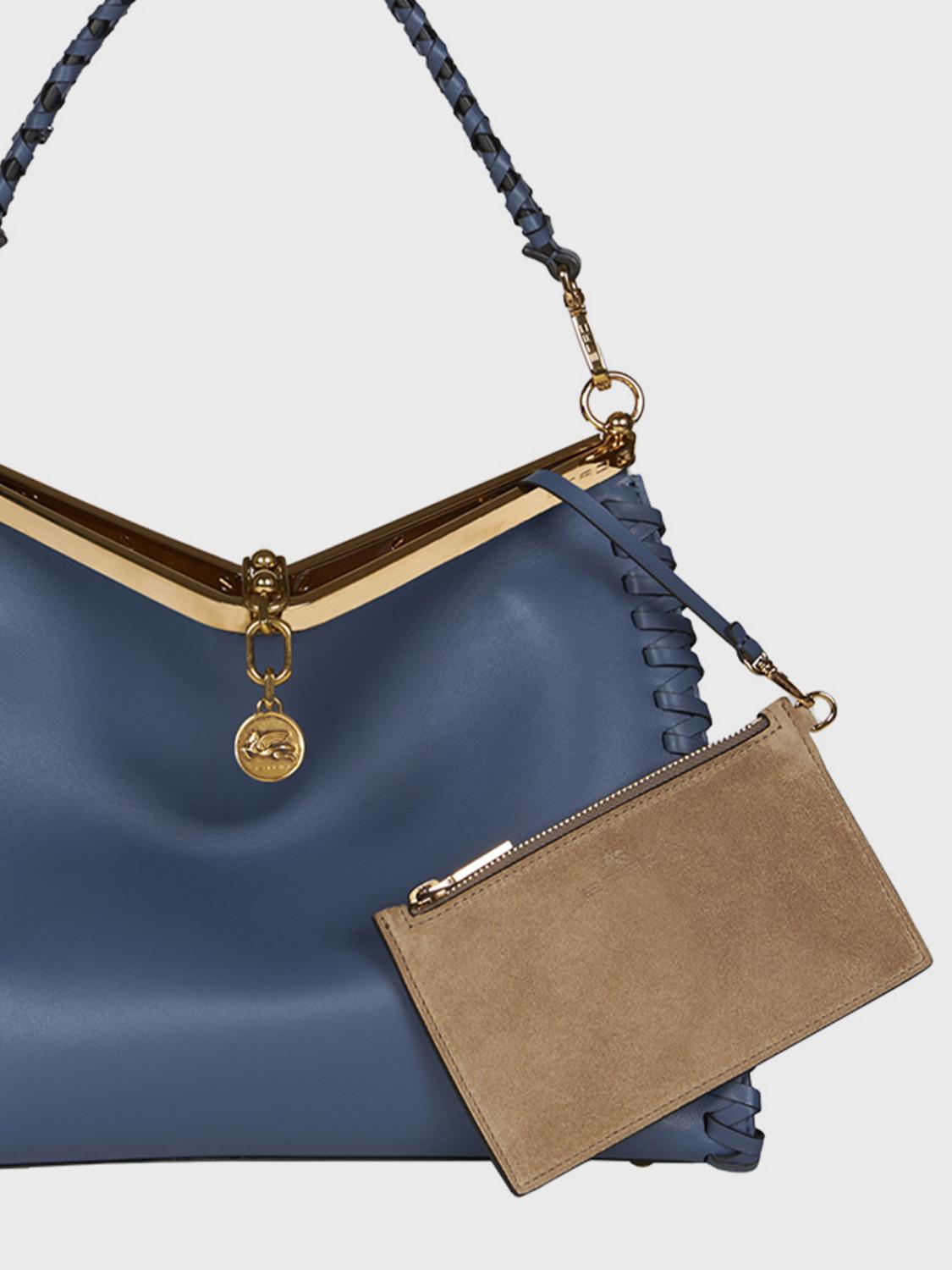 ETRO BORSA A SPALLA: Borsa Vela Etro in pelle con profili intrecciati , Blue - Img 3